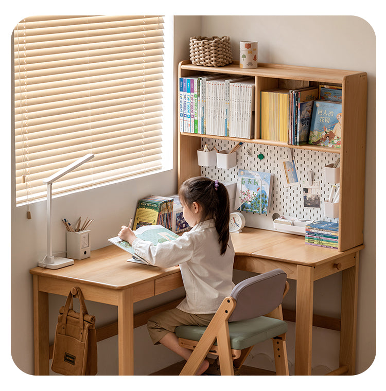 Beech, Oak Solid Wood Study Desk with Shelf