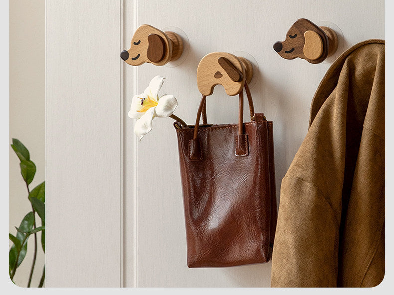 Beech, Black Walnut Solid Wood Puppy-Shaped Wall Hook with Cute Cartoon Design