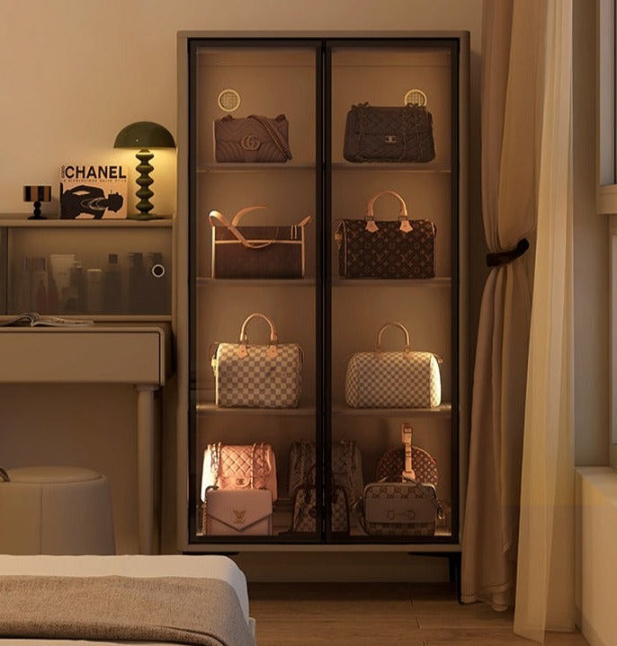 Poplar Solid Wood Wine Cabinet, Luxury Glass Door Display Cabinet LED lighting"