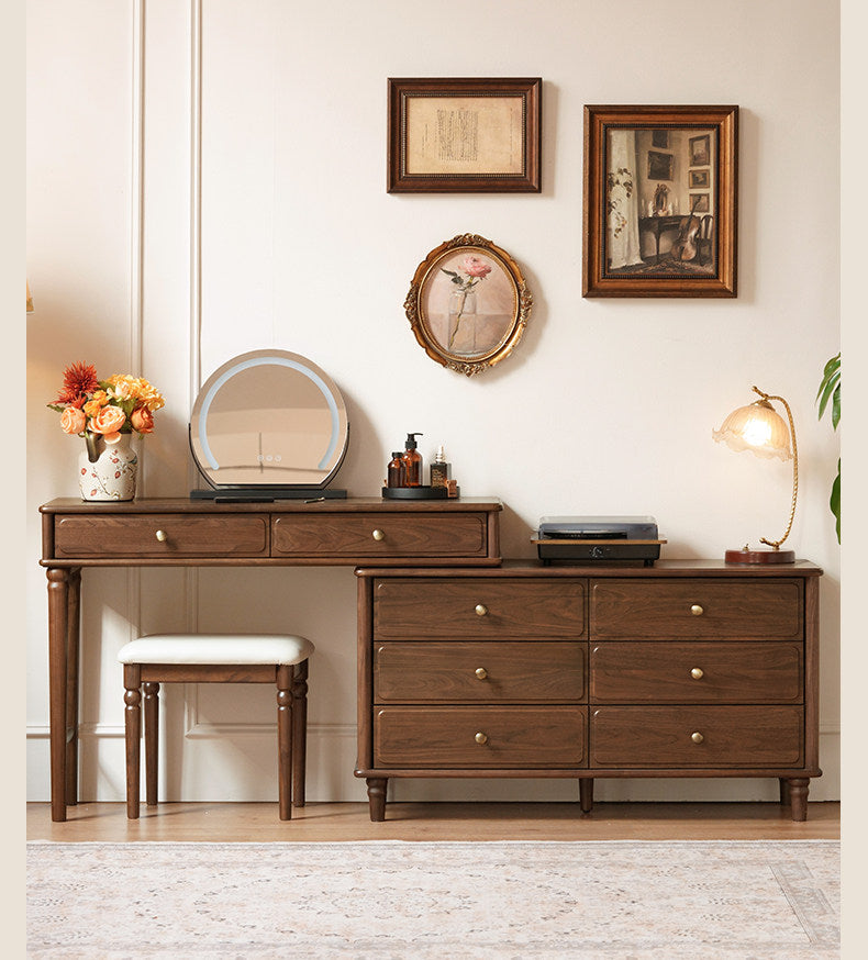 Black Walnut, Oak Solid Wood Extendable Vanity Desk and 6-Drawer Dresser Combo