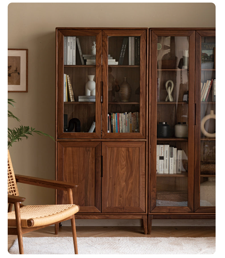 North American black walnut, Ash solid wood combination cdust-proof glass door wall floor-to-ceiling bookshelf<