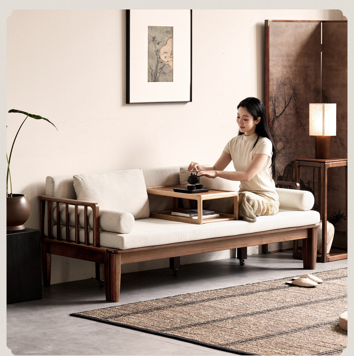 Black Walnut, Ash Solid Wood Daybed Sleeper Sofa with Slatted Wood Back and Arms