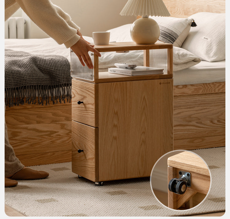 Oak Solid Wood wheel nightstand Narrow with Light)