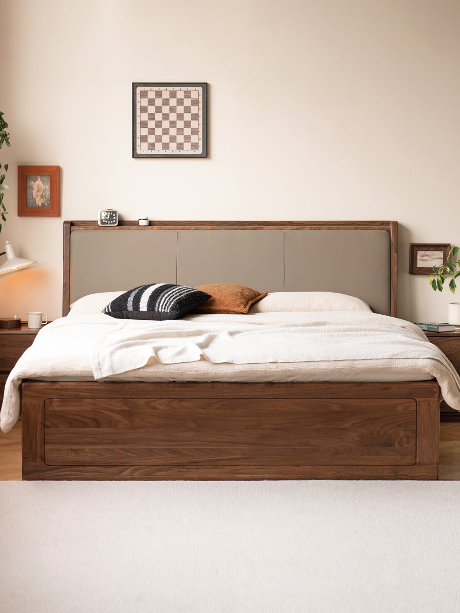 Black Walnut Solid Wood leather soft Drawer Box Bed Nordic<