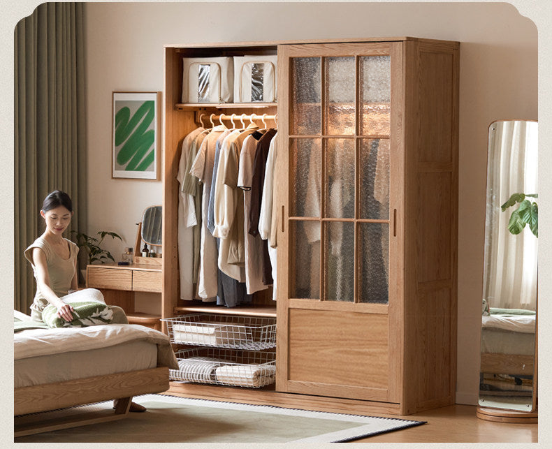 Oak Solid Wood Wardrobe Cabinet with Minimalist Songshi Storage