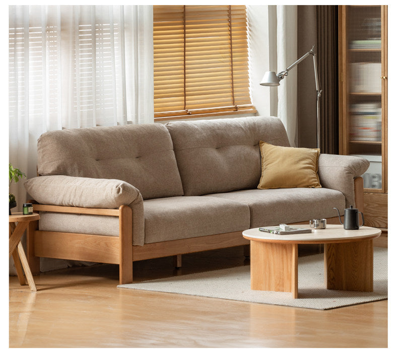 Ash Solid Wood Genuine leather, fabric Exposed Frame Sofa with Tufted Cushions