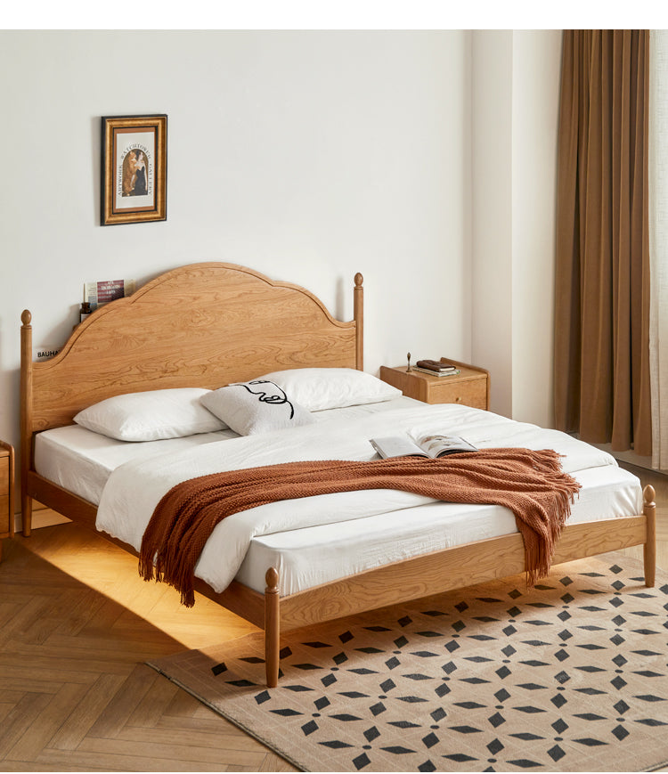 Cherry Solid Wood Bed with Arched Headboard and Turned Posts