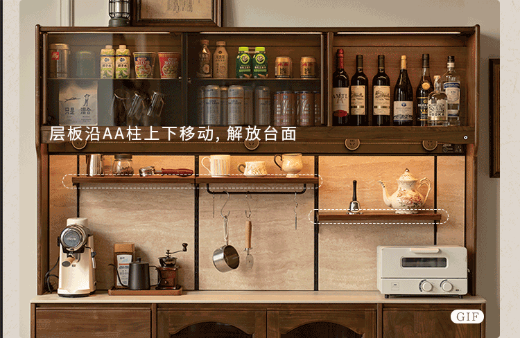 Black Walnut Solid Wood Buffet Cabinet with Retro Style and Rock Board Surface