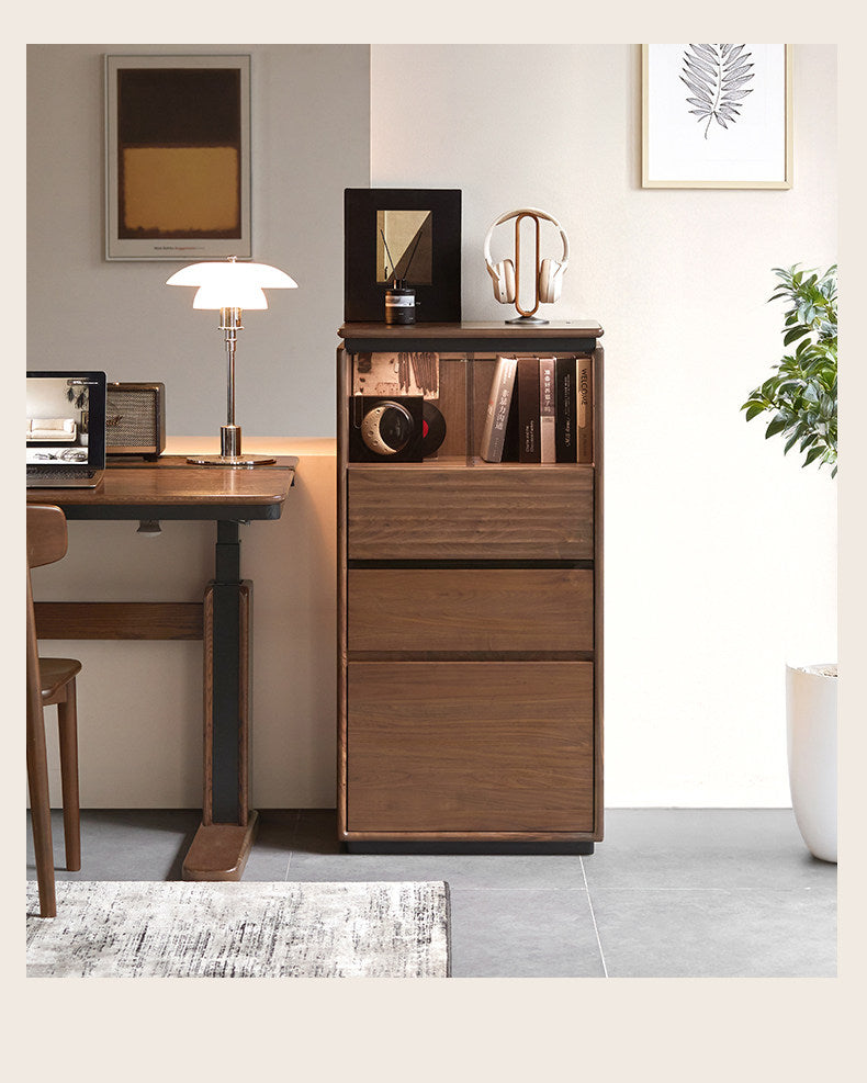 Black Walnut, Ash, Oak Solid Wood Tall Side Cabinet with Louvered Sliding Door and LED Lighting