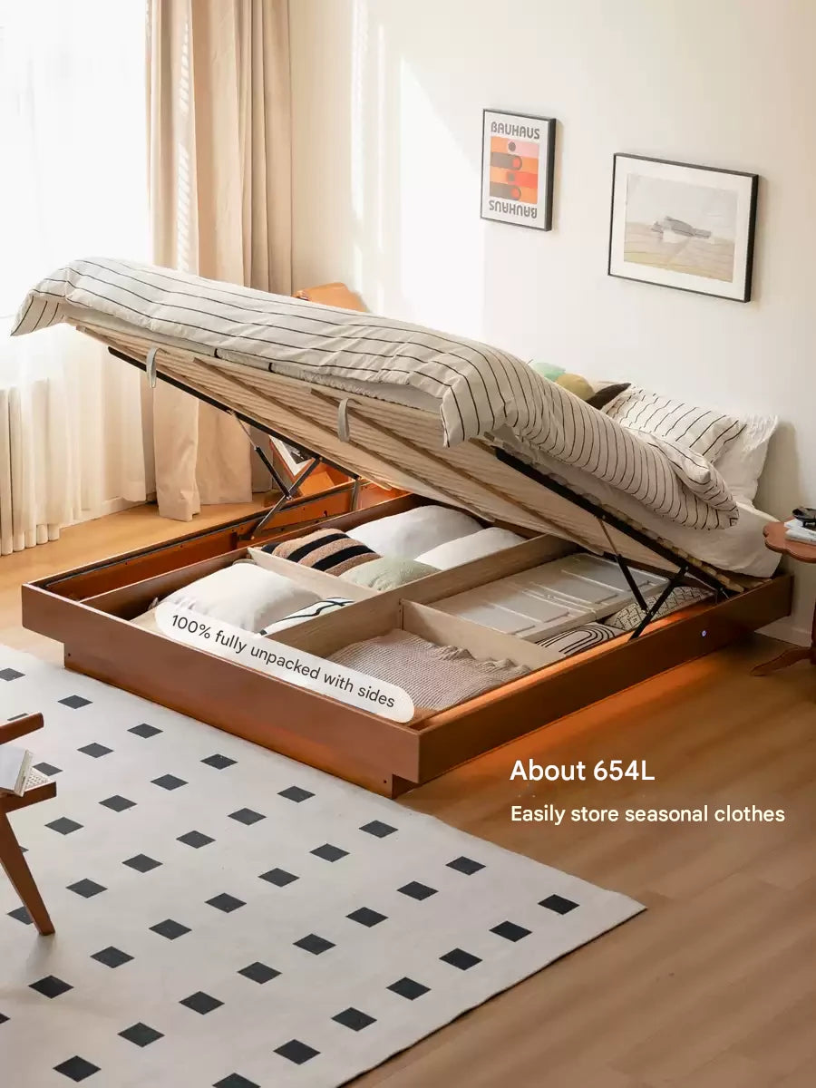 Poplar Solid Wood Retro Platform Box Bed, Headboard-Free Bed with light