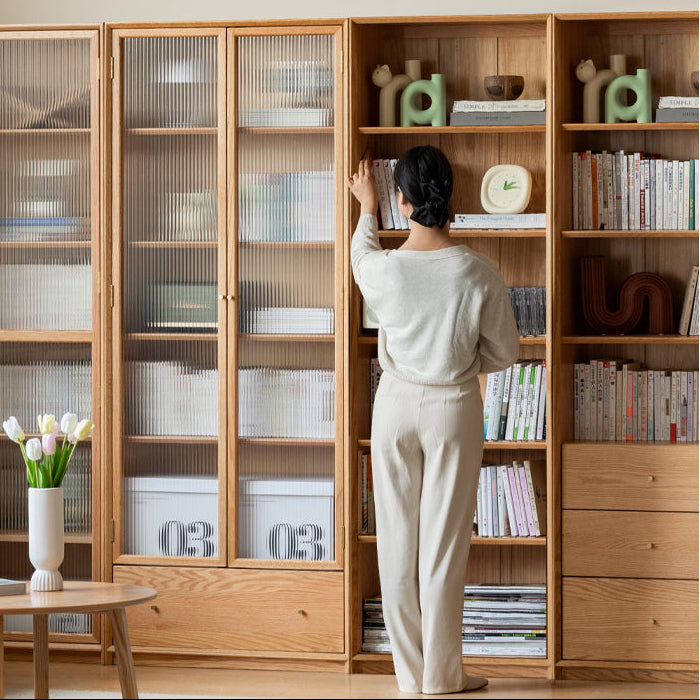 Oak Solid Wood Nordic Style Bookshelf with Floor Storage Cabinet