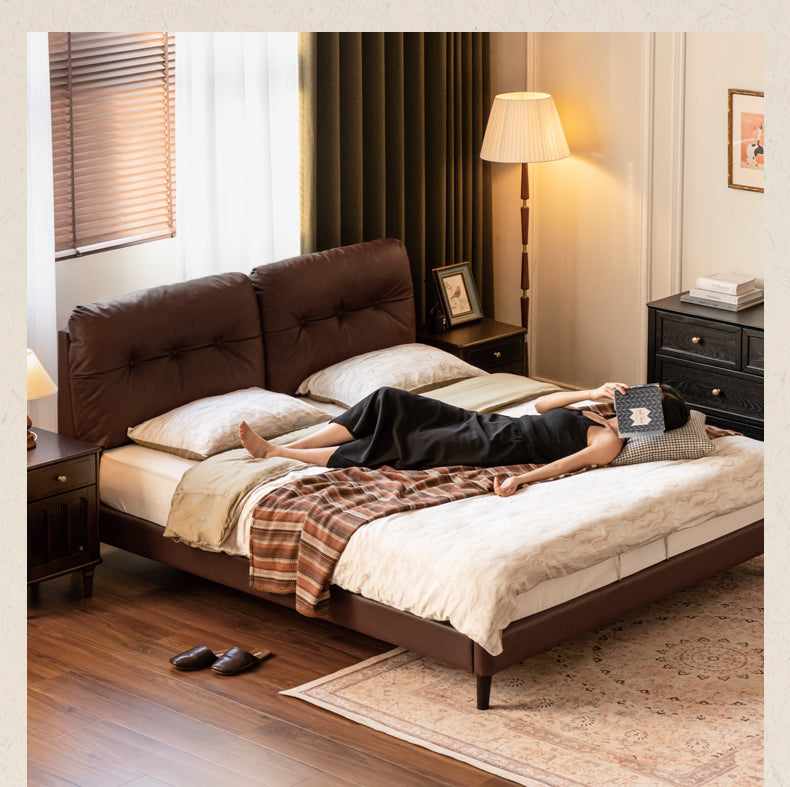 Genuine Leather Art Deco Tufted Platform Bed