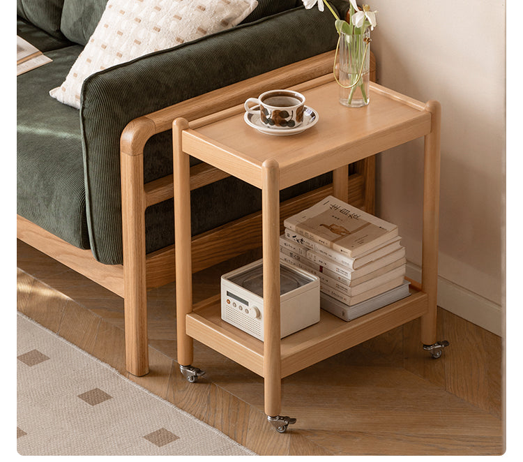 Beech Solid Wood Mobile Modern Double Layer Storage Side Table