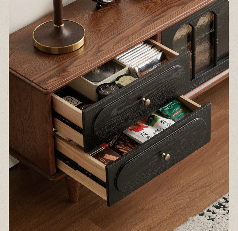 Black Walnut, Ash Solid Wood TV Cabinet with Integrated Storage, Vintage Style Floor Cabinet