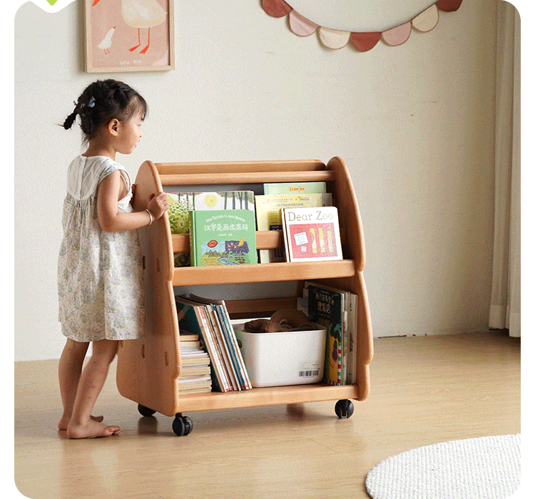 Beech, Poplar Solid Wood Movable Kids Bookshelf with Wheels, Multifunctional Storage