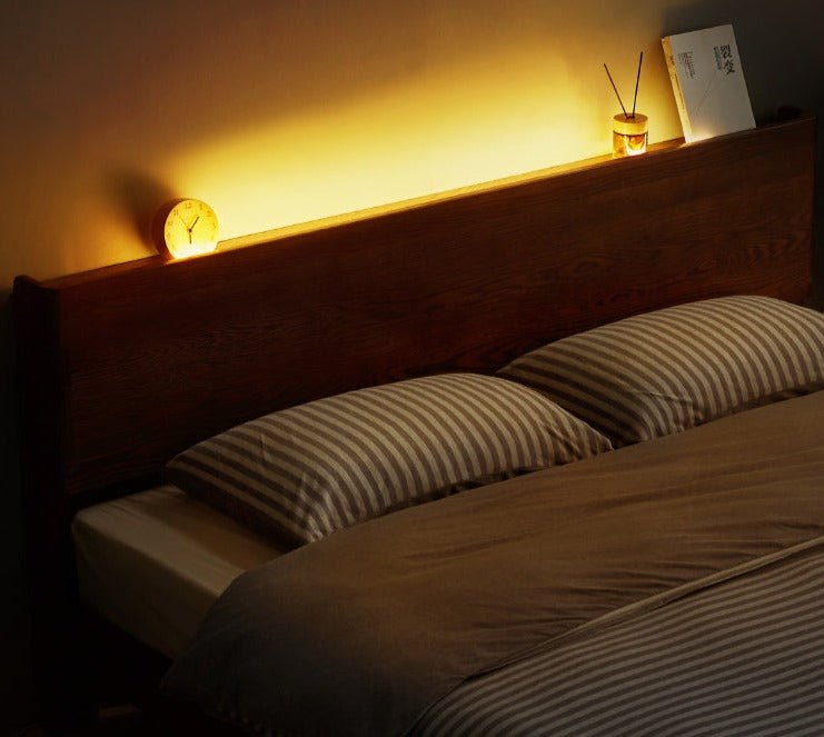 Modern oak solid wood Walnut color bed LED night lights"