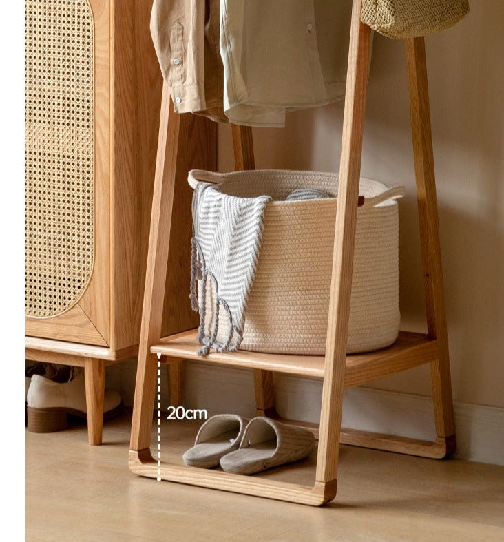 Oak solid wood coat rack with wheels mobile rattan clothes hangers**