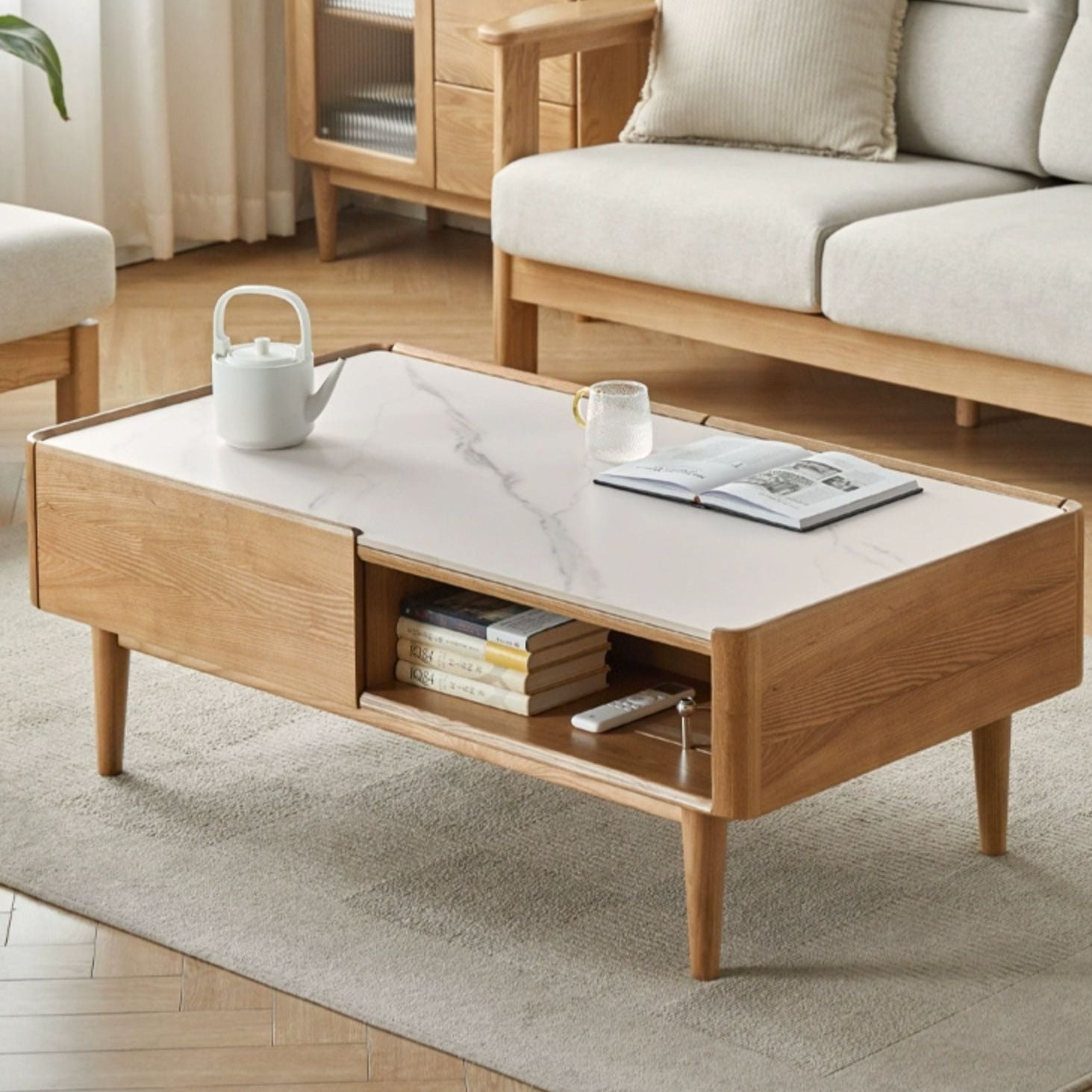 Ash Solid Wood White Wax coffee Table Nordic Rock Plate"