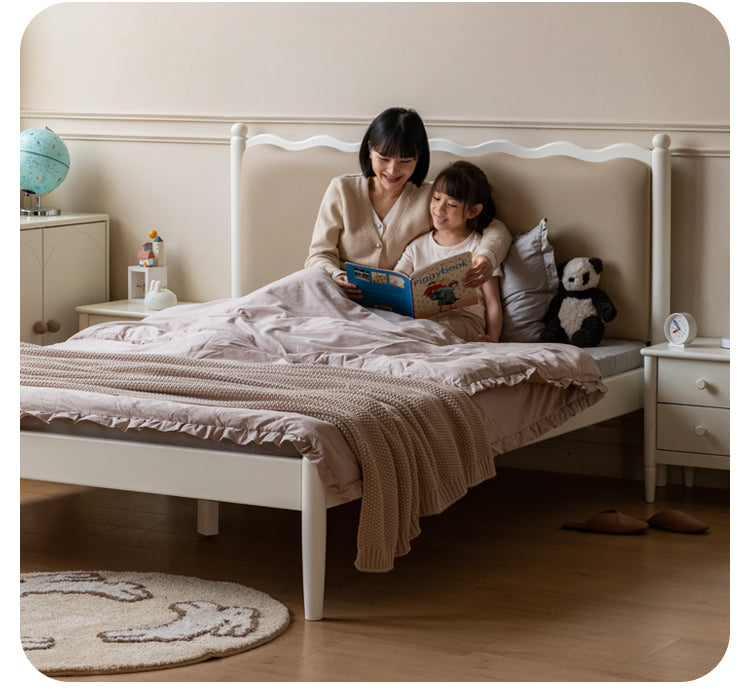 Rubber Wood Children's Bed with organic leather Cream Style.