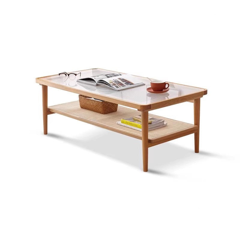 Coffee table tempered glass, rattan Oak solid wood"