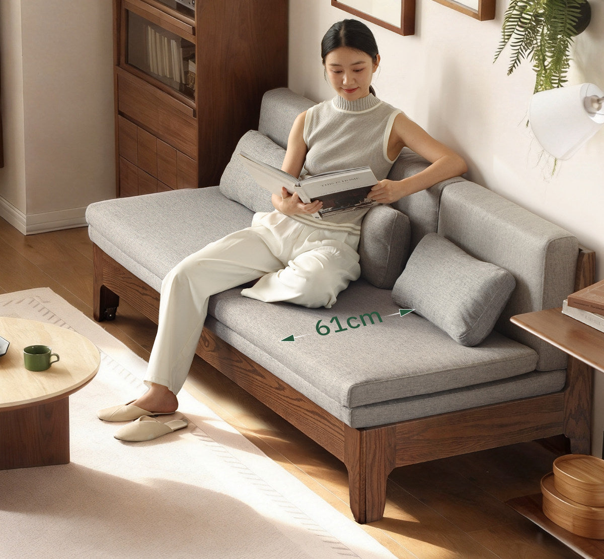 Oak Solid Wood Pull-Out Sofa Bed with Extended Sleeping Platform