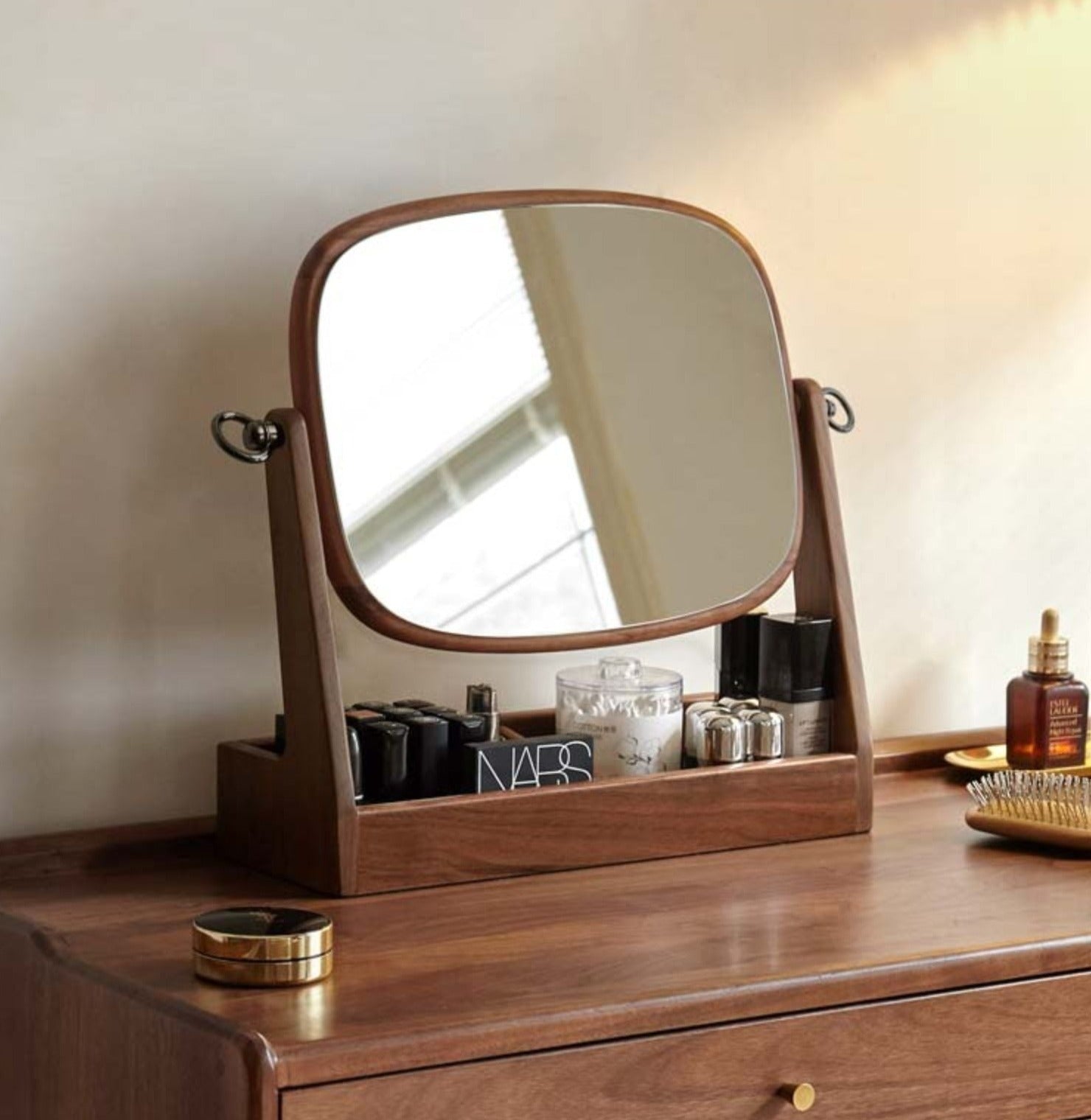 Black walnut solid wood makeup mirror storage box degree rotation*