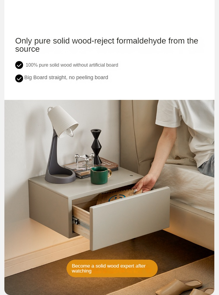 Poplar solid wood light luxury hanging suspended nightstand-