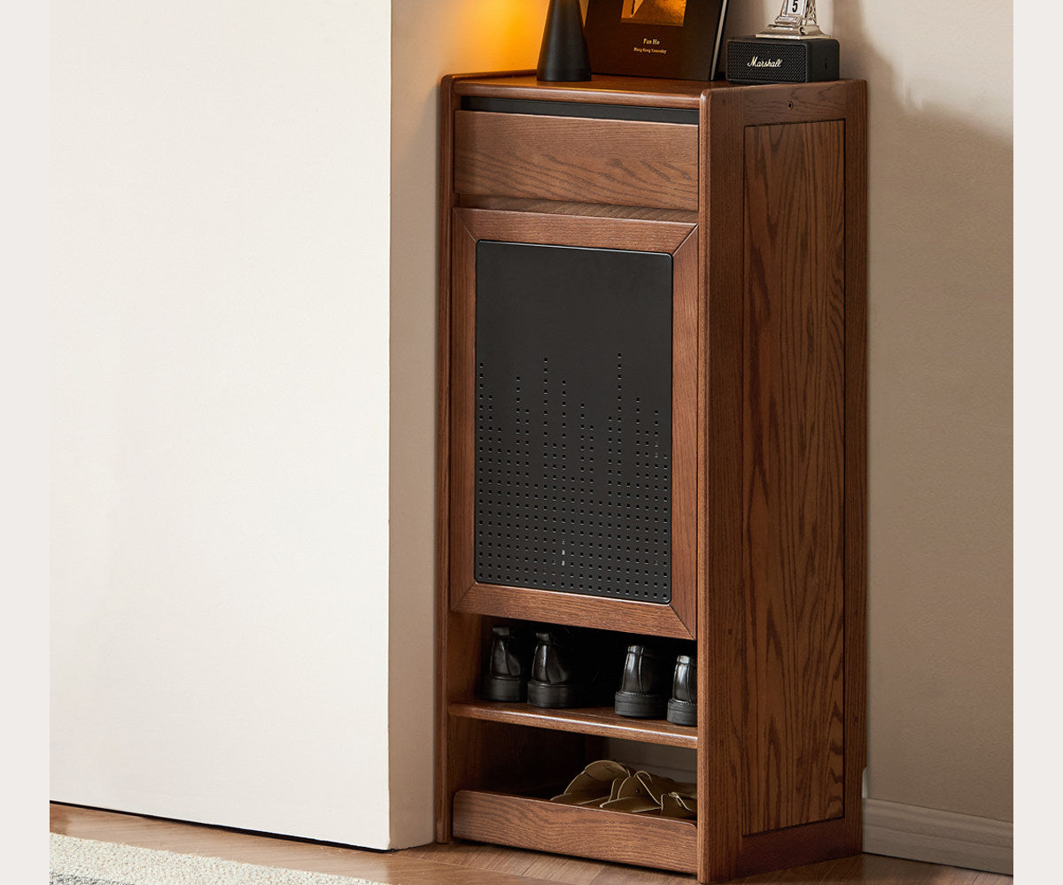 Oak Solid Wood Narrow Shoe Storage Cabinet with Flip-Top Compartment and Perforated Metal Door