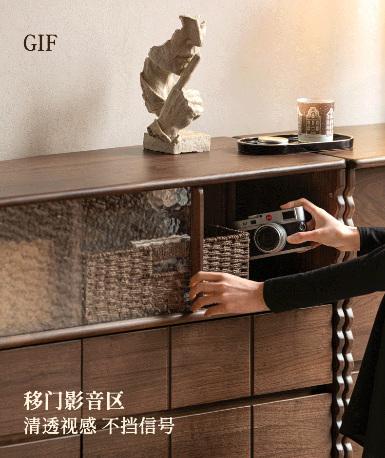 Black Walnut Solid Wood Tall TV Cabinet  Modular Sideboard, Mid Century Gallery Style Storage Cabinet with Fluted Details