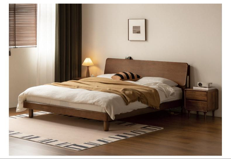 Oak solid wood bed with light, storage space