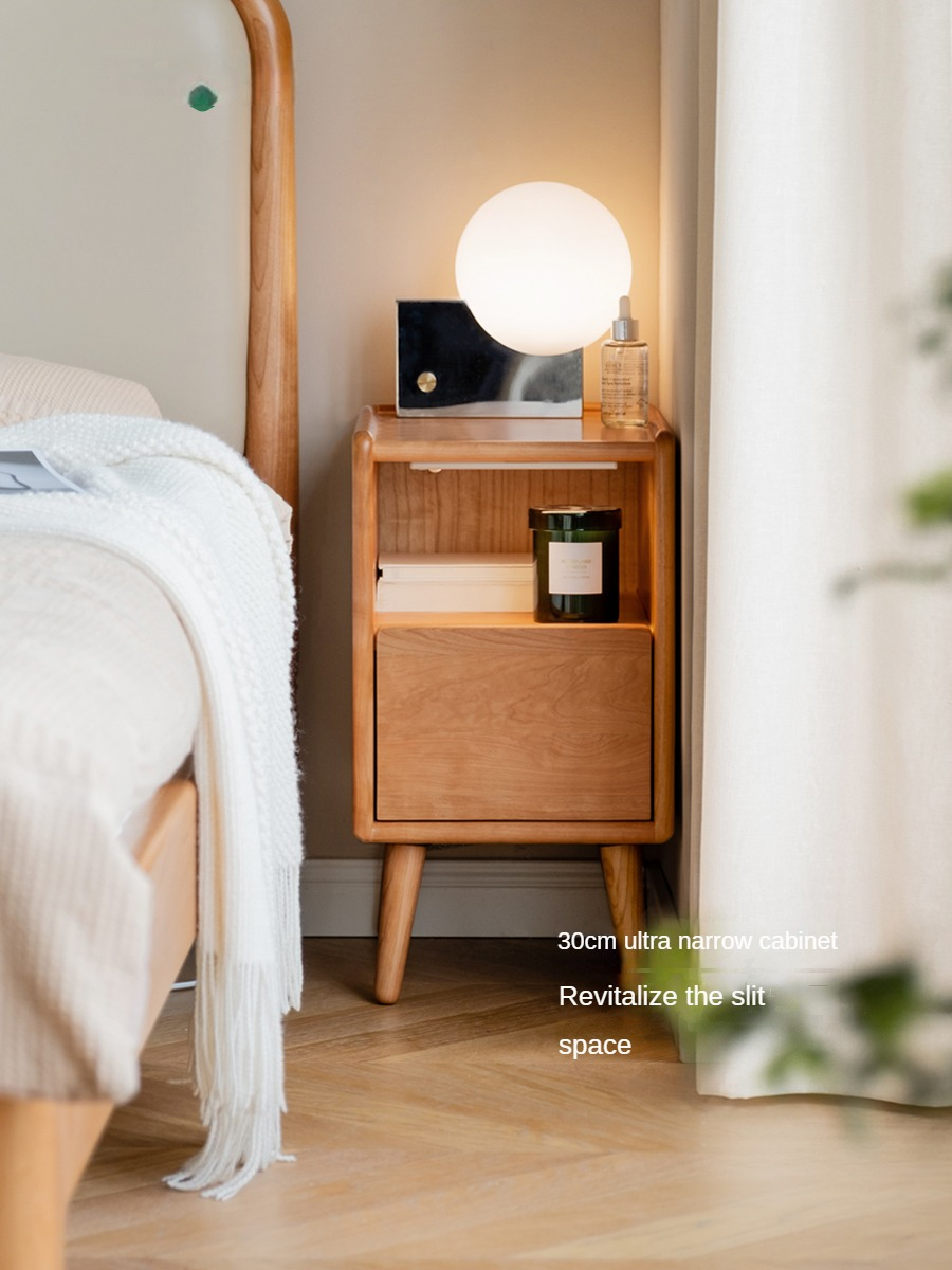 Cherry wood ultra-narrow nightstand with light-