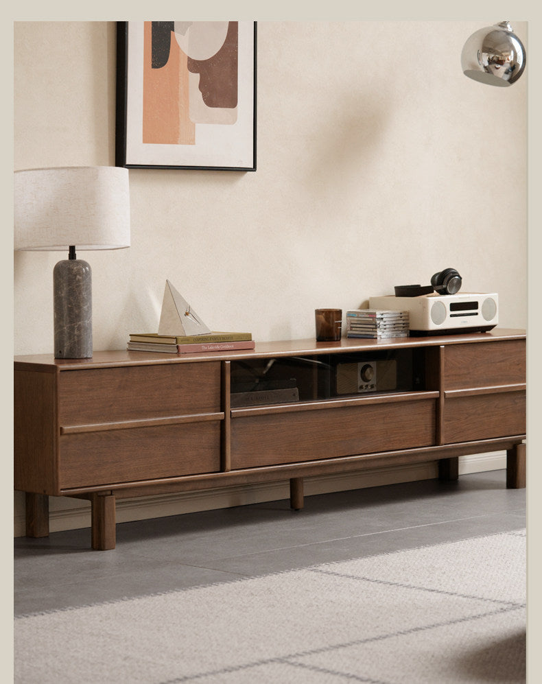 Black Walnut Solid Wood Luxury Style TV Cabinet with Slab Top and Storage