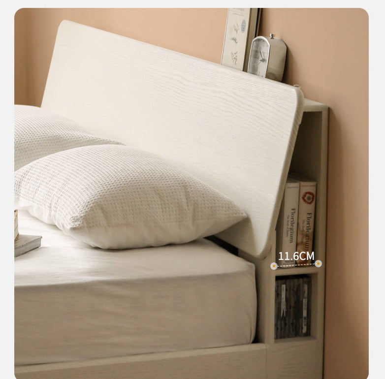 Oak Solid Wood Luminous cream Bed with shelf_)
