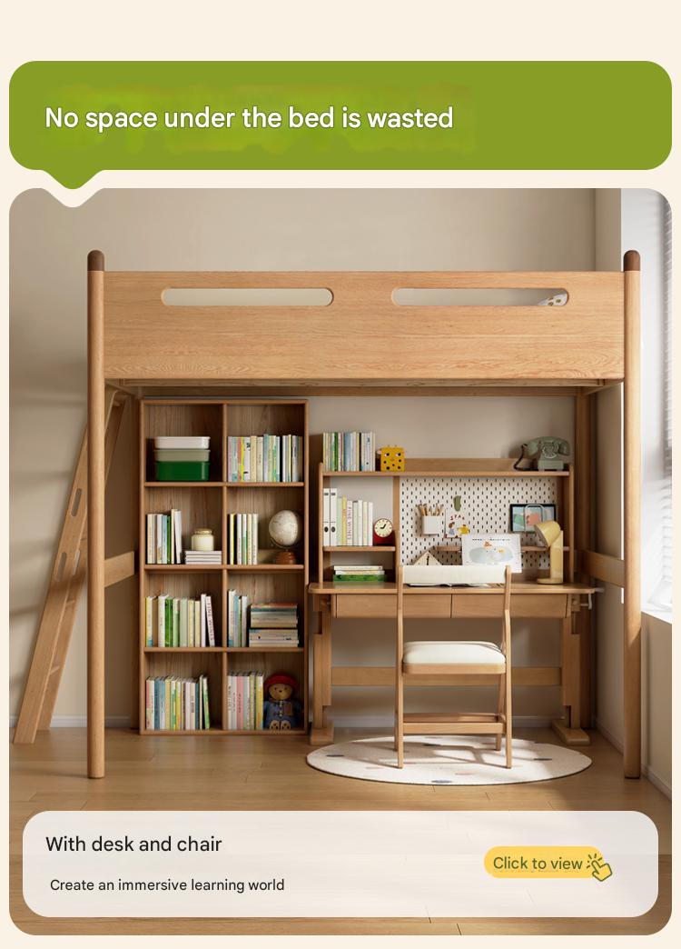 Oak solid wood Loft bed with cabinet