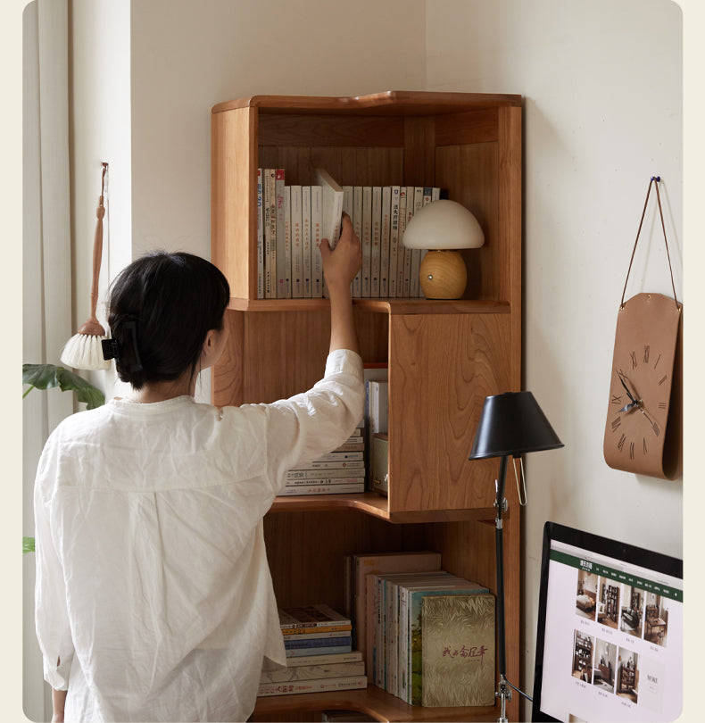 Cherry Solid Wood Corner Bookcase Floor Storage Cabinet<