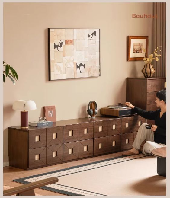 Sandalwood Solid Wood Vintage TV Cabinet with Floor Standing and Storage Space