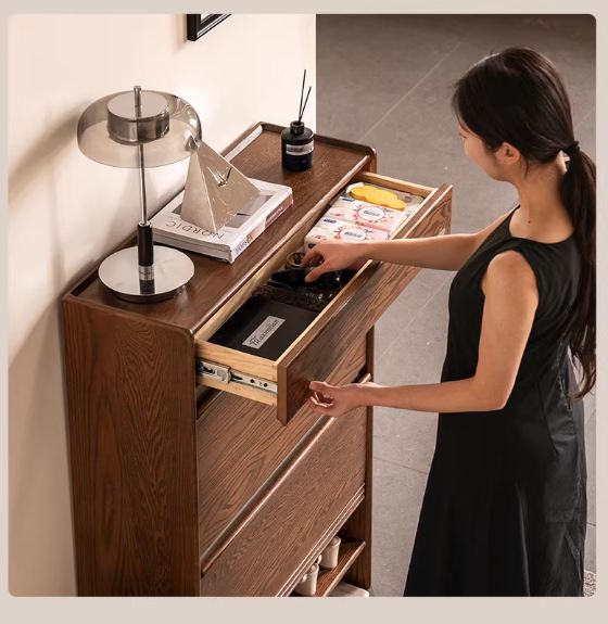 Oak Solid Wood Shoe Cabinet with Flip Doors and Light Italian Luxury Finish