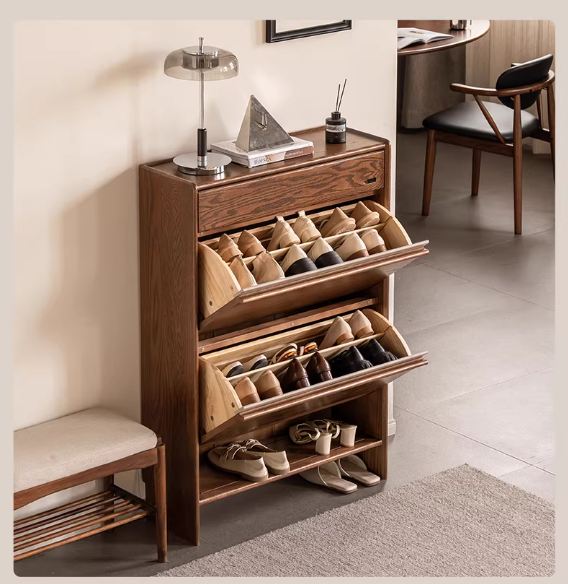 Oak Solid Wood Shoe Cabinet with Flip Doors and Light Italian Luxury Finish