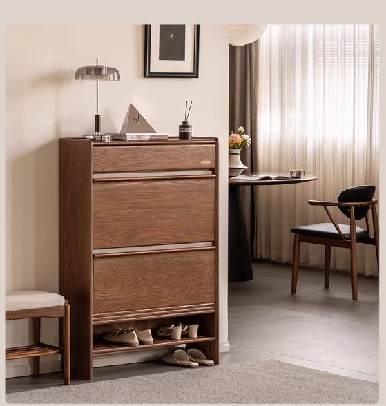 Oak Solid Wood Shoe Cabinet with Flip Doors and Light Italian Luxury Finish