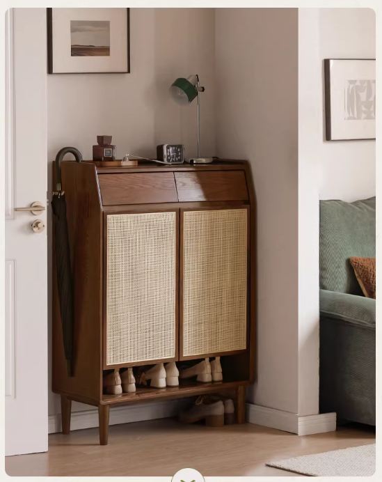 Oak Solid Wood Shoe Cabinet with Rattan Storage