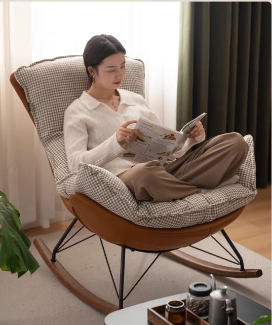 Beech Solid Wood Mid-Century Rocking Accent Chair with Houndstooth Cushion