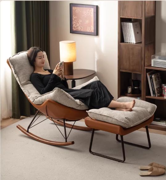 Beech Solid Wood Mid-Century Rocking Accent Chair with Houndstooth Cushion