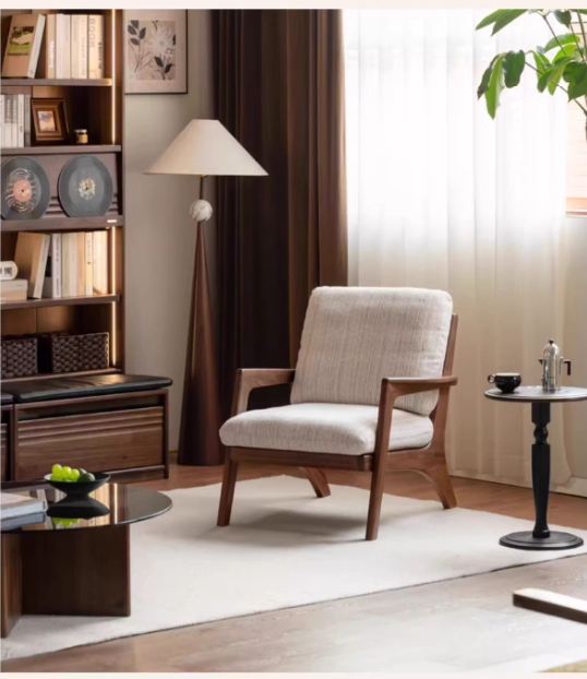 2 pcs -Black Walnut, Oak Solid Wood Lounge Armchair with Angled Frame and Open Armrests