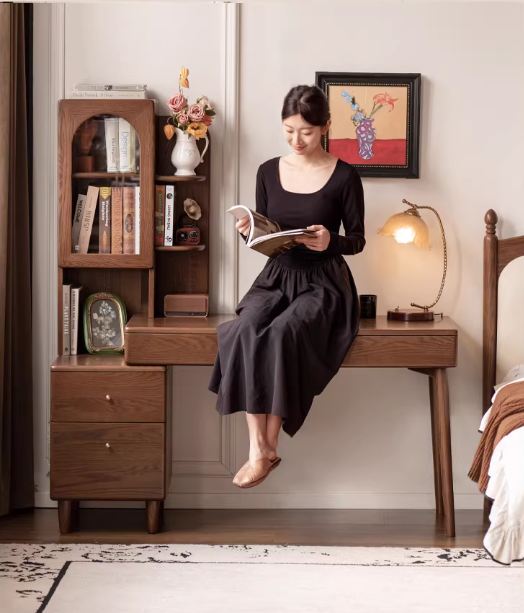 Oak Solid Wood Telescopic Desk with Integrated Bookshelf