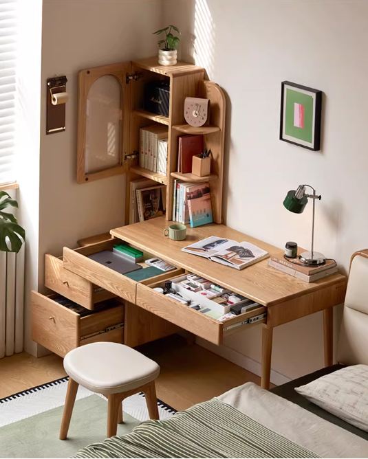 Oak Solid Wood Corner Office Desk with Integrated Bookshelf