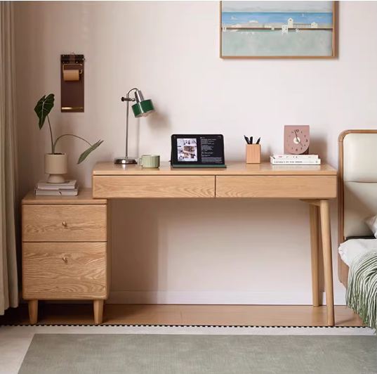 Oak Solid Wood Corner Office Desk with Integrated Bookshelf