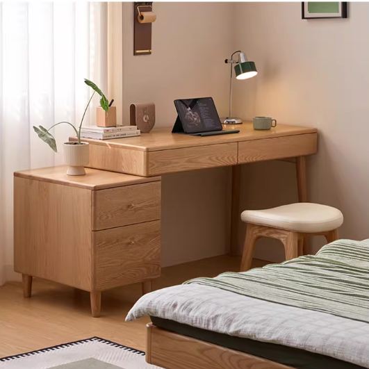 Oak Solid Wood Corner Office Desk with Integrated Bookshelf