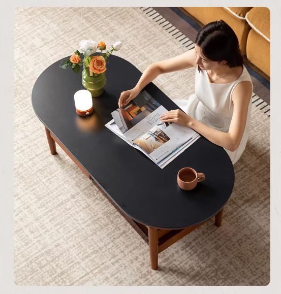 Tulipwood Solid Wood Coffee Table with Rock Slab Top in Retro Style