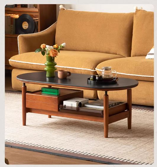 Tulipwood Solid Wood Coffee Table with Rock Slab Top in Retro Style