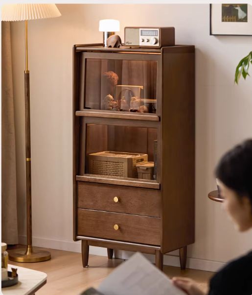 Sandalwood Solid Wood Side Cabinet with Storage and Light